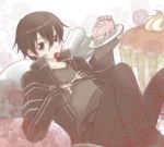  1boy black_eyes black_hair cake fingerless_gloves food fork gloves kirito muffin nyame oversized_object plate short_hair sword_art_online 