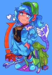  1girl backpack bag black_shirt blue_background blue_boots blue_eyes blue_hair blue_shirt blue_skirt boots collared_shirt commentary_request fanning_self full_body green_bag green_hat hair_bobbles hair_ornament hammer hat highres inuyama_konan jewelry kawashiro_nitori key key_necklace long_sleeves looking_up necklace newsboy_cap open_clothes open_shirt pocket pouch shirt skirt solo sweat toolbox touhou two_side_up undershirt wrench 