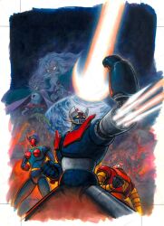 1970s_(style) aphrodai_a beard boss_borot character_request doctor_hell facial_hair highres mazinger_(series) mazinger_z mazinger_z_(mecha) mecha mustache nakamura_jun'ichi no_humans planet retro_artstyle robot super_robot 