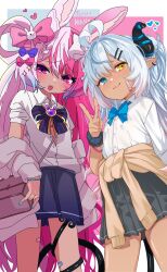  2girls :3 :d absurdres akugaki_koa animal_ears antenna_hair artist_collaboration artist_name bandaid bandaid_on_cheek bandaid_on_face bandaid_on_leg bandaid_on_thigh black_horns black_skirt blue_bow blue_bowtie blue_eyes blue_hair blue_nails blue_skirt bow bowtie bracelet braid cardigan cardigan_around_waist chromashift clothes_around_waist collared_shirt crescent crescent_facial_mark demon_girl demon_tail diamond-shaped_pupils diamond_(shape) ear_piercing eyeliner facial_mark fang ferumon gyaru hair_bow hair_ornament hair_rings hairclip hand_up hashtag-only_commentary heart heart_antenna_hair heterochromia highres horns jewelry lalabell_lullaby light_blush long_hair looking_at_viewer makeup multicolored_hair multiple_girls multiple_hair_bows nean_black parallel_hairclips piercing pink_bow pink_cardigan pink_eyeliner pink_eyes pink_hair pink_nails plaid_clothes plaid_skirt purple_bow purple_bowtie rabbit_brooch rabbit_ears rabbit_girl school_uniform scrunchie shirt skin_fang skirt smile smug sparkle_hair_ornament split-color_hair symbol-shaped_pupils tail tail_around_another's_leg tail_wrap tan v virtual_youtuber white_hair white_shirt wing_collar wrist_scrunchie yellow_cardigan yellow_eyes 