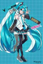  1girl artist_name bare_shoulders black_boots black_skirt black_sleeves blue_background blue_hair blue_necktie boots character_name detached_sleeves grid_background hand_up hatsune_miku hatsune_miku_(vocaloid3) highres long_hair long_sleeves miniskirt necktie pleated_skirt see-through_clothes see-through_sleeves shirt skirt sleeveless sleeveless_shirt solo standing sugarmonaka thigh_boots twintails twitter_username very_long_hair vocaloid white_shirt zettai_ryouiki 