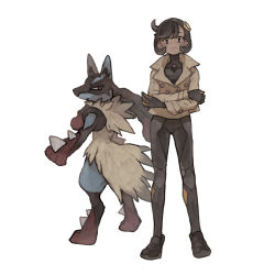  absurdres black_bodysuit black_fur blue_fur body_fur bodysuit bodysuit_under_clothes brown_jacket crossed_arms dark-skinned_female dark_skin emma_(pokemon) full_body gloves highres ichi_kawa_ichi jacket looking_at_viewer lucario mega_lucario mega_pokemon multicolored_fur pokemon pokemon_legends:_z-a red_fur short_hair smile snout spikes two-tone_gloves white_background yellow_fur 