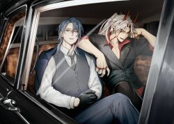  2boys arataki_itto arm_on_another's_shoulder black_gloves black_pants black_shirt blue_eyes blue_hair blue_pants buttons car car_interior collared_shirt commentary elbow_rest english_commentary facial_mark forked_eyebrows genshin_impact gloves grey_necktie grey_vest highres horns kamisato_ayato lapels layered_sleeves long_hair male_focus motor_vehicle multiple_boys necktie open_collar open_mouth own_hands_together pants parted_hair ponytail red_eyes red_horns shirt sitting smile soratxn vest white_hair white_shirt 
