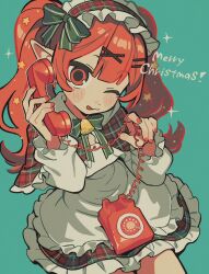  1girl ;p bad_id bad_twitter_id bell blue_background blunt_bangs corded_phone dress frilled_dress frills green_ribbon hair_ornament hairband hairclip hands_up highres holding holding_phone long_hair long_sleeves looking_at_viewer merry_christmas neck_bell neck_ribbon one_eye_closed original phone plaid_clothes plaid_dress plaid_hairband pointy_ears red_dress red_eyes red_hair ribbon simple_background smile solo tongue tongue_out twintails umipi x_hair_ornament 