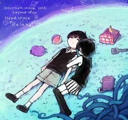  2boys antenna_hair apple banana black_hair black_shoes black_socks black_sweater_vest black_tank_top book brown_shorts closed_eyes closed_mouth collared_shirt colored_skin double-parted_bangs dual_persona english_text food fruit grapes grass hair_between_eyes highres kneehighs looking_at_viewer lying male_focus mr._plantegg_(omori) multiple_boys okudo_(okudo61) omori omori_(omori) on_back on_side picnic_basket purple_sky scrapbook shirt shoes short_hair short_sleeves shorts sky socks spatula striped_clothes striped_shorts stuffed_eggplant stuffed_toy sunny_(omori) sweater_vest tank_top vertical-striped_clothes vertical-striped_shorts white_shirt white_shorts white_skin white_socks 