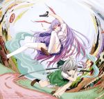  2girls abstract_background animal_ears artist_request ascot bullet dress dress_shirt fighting_stance green_eyes gun hairband handgun highres hitodama katana konpaku_youmu konpaku_youmu_(ghost) long_hair midair multiple_girls necktie panties pantyshot parted_lips purple_hair rabbit_ears red_eyes reisen_udongein_inaba ribbon shirt shoes short_hair silver_hair skirt socks striped striped_panties sword thighhighs touhou underwear weapon white_legwear 