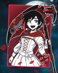  1girl :d black_hair broken_moon cape commentary corset crescent_rose dress english_commentary eyelashes grey_eyes highres holding holding_scythe holding_weapon jdofasgard jpeg_artifacts limited_palette long_sleeves moon open_mouth outline red_cape red_petals ruby_rose rwby scythe short_hair smile solo teeth upper_teeth_only weapon white_outline 