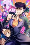  1girl 6+boys black_hair blonde_hair crazy_diamond gakuran green_hair higashikata_jousuke highres hirose_kouichi jojo_no_kimyou_na_bouken kishibe_rohan kuujou_joutarou multiple_boys nijimura_okuyasu pompadour purple_hair school_uniform sinsimo stand_(jojo) yamagishi_yukako 