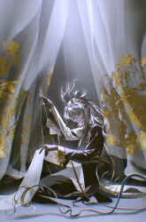  1boy absurdres antlers arknights asymmetrical_sleeves black_boots black_robe blonde_hair blue_hair boots brown_hair chinese_clothes closed_mouth colored_extremities commentary cross-laced_clothes cross-laced_sleeves curtains dragon_boy dragon_horns dragon_tail earrings eastern_dragon_tail embroidery embroidery_hoop expressionless fabric fan_mu_zhang from_side full_body hair_bun hair_ornament hair_stick half_updo hand_up hashtag-only_commentary highres holding_sewing_needle horns jewelry ji_(arknights) long_hair long_sleeves looking_at_object male_focus mismatched_sleeves multicolored_hair on_floor parted_bangs pointy_ears robe see-through_curtains seiza sewing sidelighting single_hair_bun single_sidelock sitting solo streaked_hair tail 