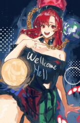  1girl absurdres bare_shoulders black_shirt chain clothes_writing collarbone hair_between_eyes hecatia_lapislazuli highres inward_v leg_grab long_hair off-shoulder_shirt off_shoulder oftooon open_mouth plaid_clothes plaid_skirt red_eyes red_hair red_skirt shirt skirt smile solo teeth tied_shirt touhou upper_teeth_only v 