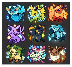  absurdres animal_focus animal_hands black_fur blue_eyes blue_fur border bow brown_eyes brown_fur bug butterfly eelgobbler eevee espeon facial_mark fins fire fish_tail flareon flower forehead_jewel forehead_mark full_body glaceon green_fur grey_background head_fins highres jolteon leaf leafeon looking_at_another looking_at_viewer neck_fur no_humans orange_fur pink_fur pokemon pokemon_(creature) purple_fur red_eyes ribbon sidelocks simple_background sparkle spiked_tail standing sylveon tail umbreon vaporeon water_drop white_border white_flower white_fur yellow_fur 