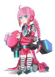  1girl :o blue_eyes blue_necktie blush boots braid cosmic_break dress flat_chest gajimaro hat highres holding holding_unworn_clothes holding_unworn_hat icy_(cosmic_break) kneeling mecha_musume military_uniform necktie peaked_cap pink_hair striped_clothes striped_thighhighs sweatdrop thigh-highs twin_braids twintails unworn_hat unworn_headwear 