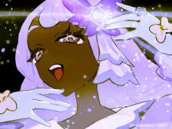 1girl :d black_background bow brown_eyes commentary dark-skinned_female dark_skin dress glove_bow gloves hands_up happy jacinthe_(pokemon) jewelry long_hair long_sleeves mayotsunamayo open_mouth pokemon pokemon_legends:_z-a portrait purple_dress purple_hair ring smile solo teeth upper_teeth_only white_gloves 