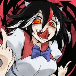  1girl black_hair horns kijin_seija middle_finger oro_(zetsubou_girl) red_eyes redhead solo streaked_hair tongue tongue_out touhou white_hair 