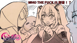  3girls animalization bang_dream! bang_dream!_it's_mygo!!!!! chinese_commentary commentary_request crossover detached_sleeves dog hatsune_miku highres hood hood_up long_hair marvel misumi_uika multiple_crossover multiple_girls name_connection pointing simple_background spider-gwen spider-man_(series) spider-verse spoilers togawa_sakiko twintails vocaloid white_background yoyoray20001996 