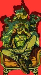  4boys absurdres bear_boy bepo_(one_piece) chest_tattoo coat commentary_request cup earrings facial_hair full_body furry furry_male glasses goatee grimace hat heart heart-shaped_eyewear highres holding holding_cup jewelry knee_up looking_at_viewer male_focus mint_ack multiple_boys one_piece pants penguin_(one_piece) red_background scar scar_on_arm shachi_(one_piece) sharp_teeth shoes short_hair simple_background sitting tank_top tattoo teeth trafalgar_law 