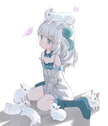  1girl absurdres animal_on_head blue_boots blue_eyes boots bug butterfly closed_mouth detached_sleeves doubutsunoujyou dress has_bad_revision has_downscaled_revision highres long_hair md5_mismatch on_head original rabbit rabbit_on_head resolution_mismatch short_dress sitting sleeveless sleeveless_dress solo source_smaller strap_slip wariza white_dress white_hair white_sleeves 