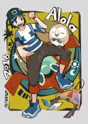  1boy 2016 absurdres alolan_exeggutor amulet baseball_cap black_eyes black_hair black_hat black_pants blue_eyes blue_shoes closed_eyes closed_mouth crescent dot_nose elio_(pokemon) flower full_body hat highres holding holding_poke_ball male_focus open_mouth ottoyamaotoko8 pants poke_ball poke_ball_(basic) pokedex pokemon pokemon_(creature) pokemon_sm rotom rotom_dex rowlet shirt shoes short_hair short_sleeves smile star_(symbol) striped_clothes striped_shirt sun_symbol t-shirt teeth upper_teeth_only z-crystal 