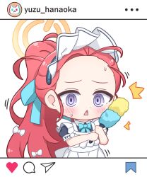  1girl ^^^ absurdres apron aqua_bow aqua_bowtie aqua_ribbon black_dress blue_archive blush bow bowtie character_name chibi chibi_only collared_dress commentary_request contrast_collar dot_nose dress duster fake_screenshot forehead frilled_apron frills hair_bow hair_ribbon halo heart highres holding holding_duster long_hair looking_at_viewer maid maid_apron maid_headdress millennium_science_school_logo neguse1233 official_alternate_costume official_alternate_hairstyle open_mouth ponytail power_symbol puffy_short_sleeves puffy_sleeves red_hair ribbon ringed_eyes short_sleeves simple_background solo sweat triangle_mouth upper_body very_long_hair violet_eyes white_apron white_background white_bow white_headdress yellow_halo yuzu_(blue_archive) yuzu_(maid)_(blue_archive) 