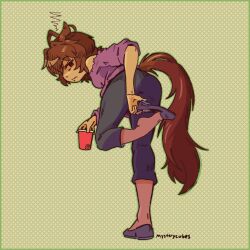  1girl agnes_tachyon_(casual)_(umamusume) agnes_tachyon_(umamusume) animal_ears border brown_hair closed_mouth drink from_behind from_side full_body green_background green_border grumpy hashtag-only_commentary highres holding holding_drink horse_ears horse_girl horse_tail leaning_forward looking_back messy_hair mysterycubes pants patterned_background purple_shirt shirt short_hair signature slippers solo standing standing_on_one_leg tail umamusume 