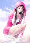  1girl barefoot black_hair green_eyes highres hoodie legs long_hair ojyou original sky smile solo squatting water 