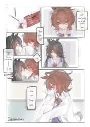  2girls agnes_tachyon_(umamusume) animal_ears bow brown_hair closed_mouth covering_own_mouth doktahzaki food food_in_mouth grin hair_over_one_eye highres horse_ears horse_girl horse_tail kiss lab_coat long_hair manhattan_cafe_(umamusume) multiple_girls pocky pocky_in_mouth pocky_kiss purple_bow purple_shirt red_eyes sailor_collar shirt short_hair smile tail umamusume white_sailor_collar wolf_cut yellow_eyes yuri 