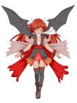  1girl bat_wings black_legwear closed_eyes highres horns long_hair mikaboshi_mumumu original outstretched_arms pointy_ears redhead scarf shawl shoes skirt solo spread_arms tan teitoku thighhighs touhou white_background wings wrist_cuffs 