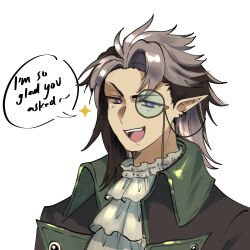  1boy ascot brown_hair commentary crimzon_ruze ear_piercing english_commentary english_text green_jacket grey_ascot highres holostars holostars_english jacket looking_at_viewer male_focus medium_hair monocle open_mouth piercing pointy_ears ryuuxin simple_background smile solo speech_bubble talking upper_body violet_eyes virtual_youtuber white_background 