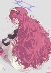  1girl absurdres alternate_costume bilibalakonglijiwa black_shoes black_sleeves blue_archive blue_eyes blue_halo blush dress fluffy_hair food food_in_mouth from_behind halo highres iroha_(blue_archive) long_hair maid_headdress pantyhose pocky pocky_in_mouth red_hair shoes sitting solo white_dress white_pantyhose 