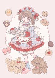  1girl :d apron blue_socks brown_eyes brown_hair checkerboard_cookie chocolate_chip_cookie collared_dress commentary cookie cream dog dress food frilled_apron frilled_dress frilled_socks frills full_body highres holding holding_tray long_sleeves looking_at_viewer maid_headdress open_mouth original oven_mitts pink_slippers plaid_clothes plaid_dress poche_(opochepoche) short_hair slippers smile socks solo standing standing_on_one_leg symbol-only_commentary tray unmoving_pattern watermark white_apron white_background 