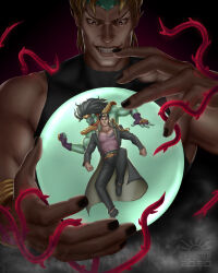  1other 2020 2boys absurdres birthmark black_nails blonde_hair bracelet commentary crystal_ball dio_brando english_commentary evil_grin evil_smile green_headband grin headband highres jewelry jojo_no_kimyou_na_bouken kujo_jotaro magenta_sunrise male_focus multiple_boys muscular muscular_male red_eyes smile stand_(jojo) star_platinum stardust_crusaders v-shaped_eyebrows watermark 