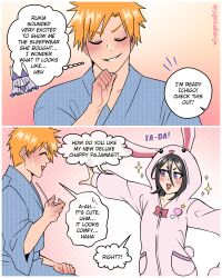  1boy 1girl absurdres animal_costume animal_ears artist_name black_hair bleach blue_pajamas blush bow closed_eyes couple dangerousbride english_text grey_eyes hair_between_eyes hand_on_own_chin hetero highres kuchiki_rukia kurosaki_ichigo lingerie onesie open_mouth orange_hair outstretched_arms pajamas parted_lips rabbit_costume rabbit_ears red_bow smile sparkle sweatdrop underwear 