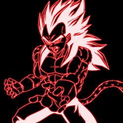  1boy a3rudbzeno black_hair body_fur denim dragon_ball dragon_ball_gt gloves hashtag-only_commentary highres jeans long_hair looking_at_viewer male_focus monkey_boy monkey_tail muscular muscular_male no_nipples pants pectorals red_fur saiyan solo spiky_hair super_saiyan super_saiyan_4 tail vegeta 