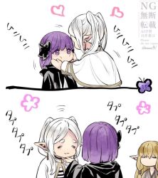  3girls :3 black_bow black_choker black_robe blonde_hair bow capelet child choker earrings elf fern_(sousou_no_frieren) frieren gold_trim grey_hair hair_between_eyes hair_bow hair_over_shoulder hair_tubes hands_on_another&#039;s_cheeks hands_on_another&#039;s_face jacket jewelry multiple_girls nanahachi_77889 parted_bangs pointy_ears purple_hair robe serie_(sousou_no_frieren) shirt sidelocks sousou_no_frieren striped_clothes striped_shirt thick_eyebrows twintails twitter_username white_background white_capelet white_jacket 