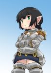  1girl armor black_hair boots crossed_arms earrings final_fantasy final_fantasy_xiv foo_snow green_eyes jewelry lalafell panties pointy_ears skirt thigh_boots thighhighs underwear upskirt 