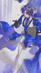  1boy accordion blue_shirt collared_shirt dr._ratio_(honkai:_star_rail) fingerless_gloves formal_clothes gloves hair_ornament highres honkai:_star_rail honkai_(series) instrument leaf leaf_hair_ornament male_focus music necktie pants playing_instrument shirt short_hair single_fingerless_glove spriiiiiiing vest waistcoat white_pants white_vest yellow_necktie 