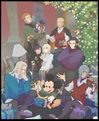  2girls 6+boys absurdres ansem_the_wise beard black_hair black_pants black_shirt black_sweater blonde_hair blue_sweater box breasts brown_hair chip_(disney) chipmunk christmas_ornaments christmas_present christmas_tree closed_eyes closed_mouth collared_shirt crossed_arms cup dale_(disney) facial_hair furrowed_brow gift gift_box green_sweater grey_hair hair_between_eyes hair_over_one_eye highres holding holding_box holding_cup holding_gift holding_phone jacket jacket_on_shoulders kingdom_hearts lamp laughing lexaeus long_hair low_ponytail mickey_mouse multiple_boys multiple_girls namine open_mouth organization_xiii pants pantyhose parted_lips phone ponytail purple_sweater red_sweater_vest rottendeadpan selfie shirt short_hair sideboob sitting slippers smile squirrel sweater sweater_vest taking_picture torn_clothes torn_pantyhose v vexen white_shirt white_sweater xaldin xion_(kingdom_hearts) zexion 