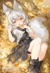  1girl animal_ear_fluff animal_ears artist_name autumn_leaves black_boots black_neckerchief black_sailor_collar black_skirt boots breasts brown_eyes cloneko_(zelmeledf2) commentary_request commission fang fox_ears fox_girl fox_tail grey_hair highres holding holding_leaf leaf looking_at_viewer lying maple_leaf miniskirt multi-source_commentary neckerchief on_back open_mouth pleated_skirt sailor_collar school_uniform serafuku shirt short_hair skeb_commission skin_fang skirt small_breasts solo tail thigh_strap twitter_username vrchat white_shirt 