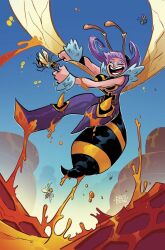  1girl abdomen_tail antennae arthropod_girl artist_name bee bee_girl blue_hair brett_bean bug capcom comic_cover commentary darkstalkers dynamic_pose english_commentary flying food full_body honey honeycomb_(pattern) insect_wings knee_spikes monster_girl noodles official_art pantyhose purple_pantyhose q-bee short_hair signature smile solo stinger street_fighter_vs._darkstalkers udon wings 