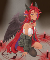  1girl absurdres black_wings candle choker cypress_(vtuber) dark-skinned_female dark_skin demon_girl demon_horns demon_wings earrings feathered_wings heart heart_necklace highres horns indie_virtual_youtuber jewelry looking_at_viewer necklace orange_eyes pentagram plant-new-art pointy_ears red_hair red_skirt skirt spiked_choker spikes virtual_youtuber wings 
