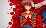  2boys blood blood_on_face bloody_tears book closed_eyes crown death flower hand_on_head highres jewelry lying mizuoka_yuuichi multiple_boys re:kinder red_rose ring rose seriko_(seo77000) shirt shunsuke_(re:kinder) spoilers striped striped_shirt 