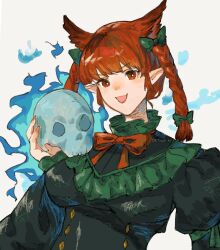  1girl animal_ears black_bow black_shirt bow bowtie braid cat_ears cat_girl frilled_shirt_collar frills hair_bow highres holding holding_skull kaenbyou_rin oftooon open_mouth pointy_ears red_bow red_bowtie red_eyes red_hair shirt skull smile solo touhou twin_braids 