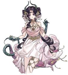  1girl anjo_nala anjo_nala_(forbidden_fruit) bare_shoulders black_hair cowboy_shot cropped_legs demon_girl demon_horns double_bun dress flower gloves gold_choker green_gloves green_horns hair_bun hair_flower hair_ornament hand_up hashtag-only_commentary highres horns lizard_tail long_hair looking_at_viewer official_alternate_costume purple_tail reverse:1999 ruo_dong_qu_chun_lai short_dress sleeveless sleeveless_dress smile solo tail violet_eyes white_background white_dress white_flower 