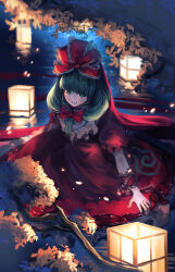  1girl absurdres arm_ribbon blunt_bangs bow dress frilled_dress frills green_eyes green_hair haido_(unisan) highres kagiyama_hina night red_bow red_dress red_ribbon ribbon solo touhou water 