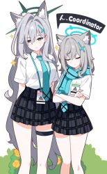  2girls animal_ear_fluff animal_ears black_skirt blue_archive blue_eyes blue_halo blue_necktie blue_scarf bush closed_eyes closed_mouth commentary_request crossed_arms grey_hair hair_between_eyes halo holding id_card ideolo long_hair long_sleeves multiple_girls necktie plaid_clothes plaid_skirt scar scarf school_uniform shiroko_(blue_archive) shiroko_terror_(blue_archive) shirt short_hair short_sleeves simple_background skirt smile sparkle very_long_hair white_background white_shirt wolf_ears wolf_girl 