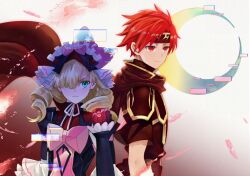  1boy 1girl armor black_armor blonde_hair blue_eyes dark_persona fire_emblem fire_emblem:_the_binding_blade fire_emblem_engage frilled_headwear hair_over_one_eye marni_(fire_emblem) red_armor red_aura red_eyes red_hair roy_(emblem)_(fire_emblem) roy_(fire_emblem) shoochiku_bai 