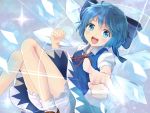  1girl blue_eyes blue_hair bow cirno dress hair_bow ice ice_wings looking_at_viewer open_mouth short_hair solo touhou wings yuki_(vicious) 