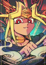  1boy atem black_hair blonde_hair circlet collarbone commentary_request dark-skinned_male dark_skin earrings eye_of_horus furrowed_brow holding jewelry male_focus multicolored_hair neck_ribbon portrait purple_hair ribbon skyfiss smile solo spiky_hair violet_eyes yu-gi-oh! yu-gi-oh!_duel_monsters 