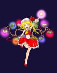  alternate_costume bare_shoulders blonde_hair branch fangs fingernails flandre_scarlet flower lotus midriff navel pointing red_eyes red_shoes ribbon shoes side_ponytail simple_background skirt touhou wrist_cuffs 