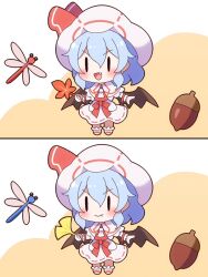  1girl 60mai acorn bat_wings black_wings blue_hair bow bowtie bug capelet chibi commentary_request curiosities_of_lotus_asia dragonfly fang hat hat_ribbon holding holding_leaf leaf red_bow red_bowtie red_ribbon remilia_scarlet ribbon shoes short_hair solo spot_the_differences touhou white_capelet white_hat white_shoes wings 